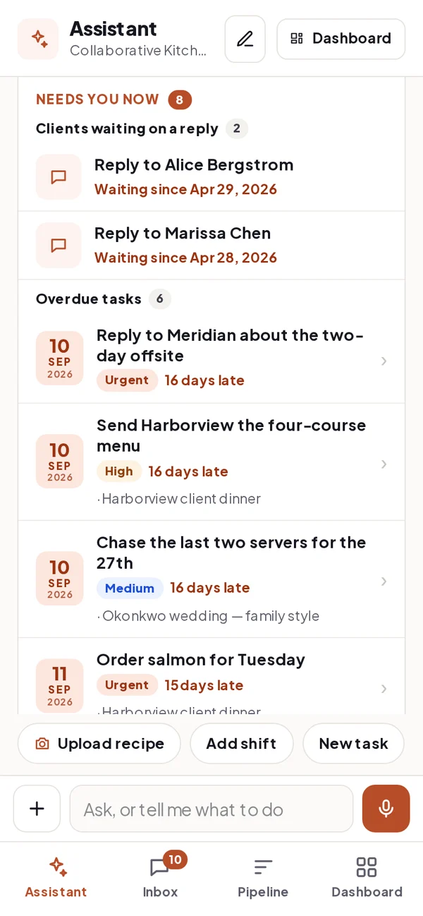 The assistant's daily brief: clients waiting on a reply and overdue tasks with priority and dates