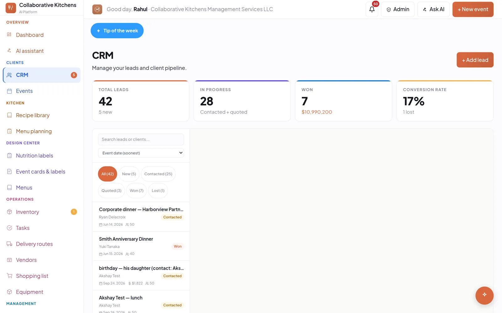 The CRM, with clients and their enquiries.