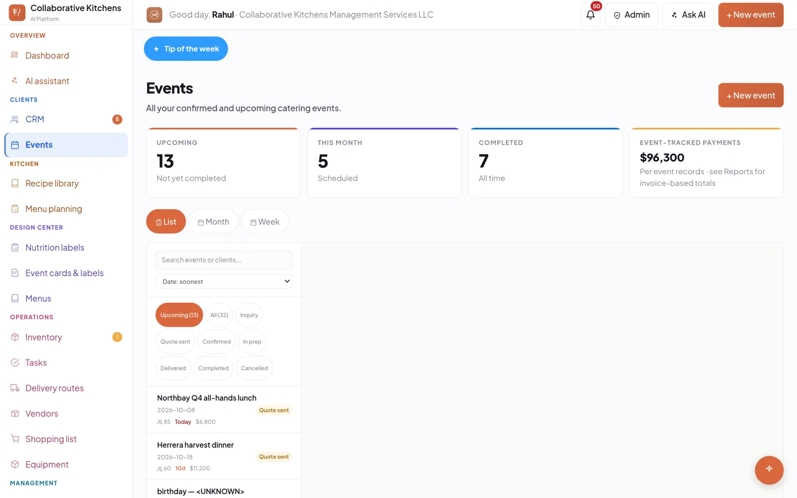 The events list with upcoming jobs and their stages.