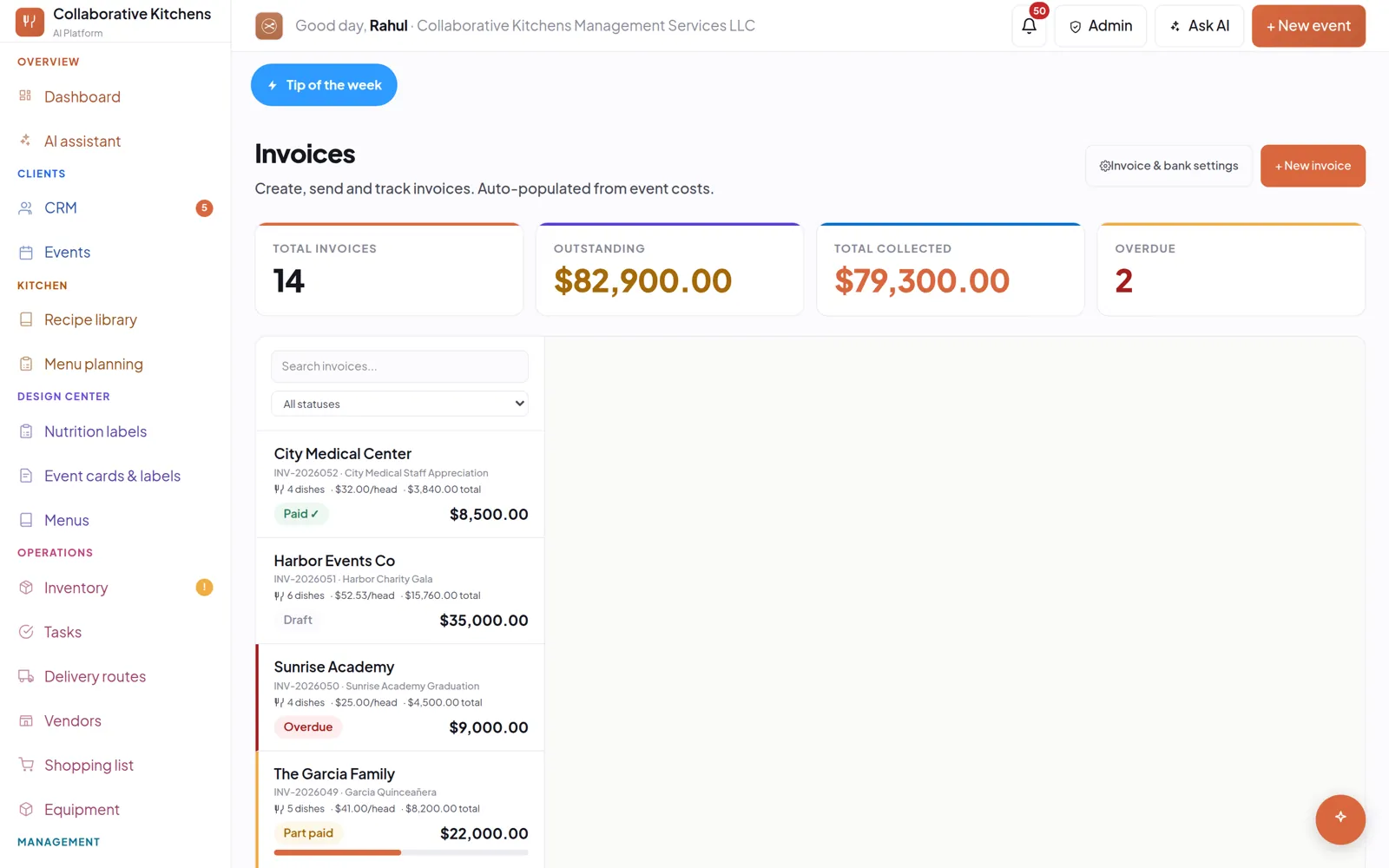 The invoices page: outstanding, collected and overdue totals, with every invoice and its status.