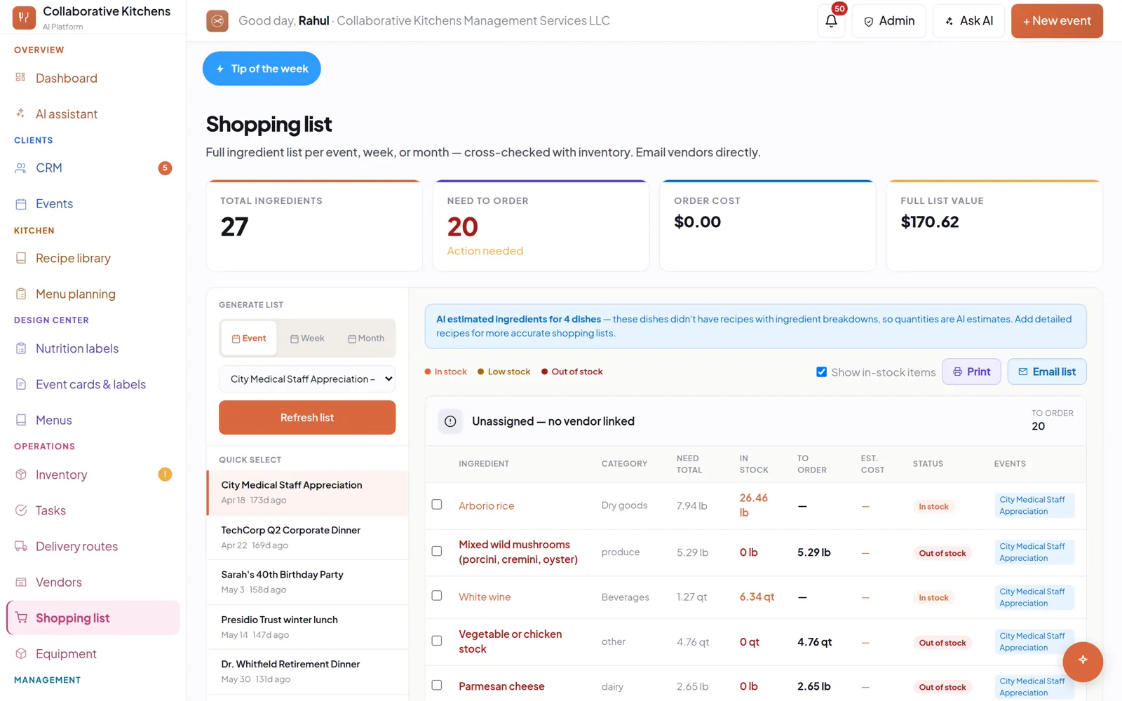 A shopping list built from an event's menu, with quantities, estimated cost and supplier per line.