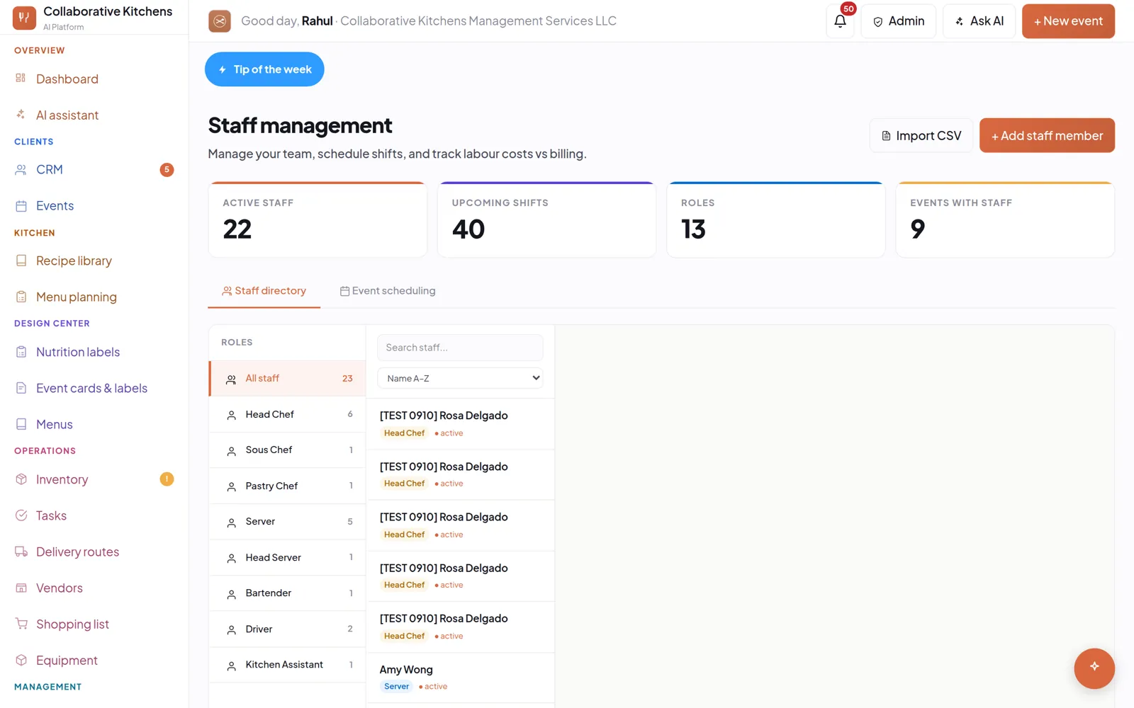 The staff page, with the crew and their roles, pay and bill rates.