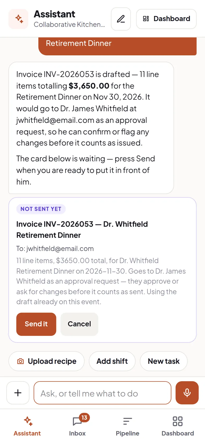 A drafted invoice on a phone — eleven line items, a total, and the client it would go to.