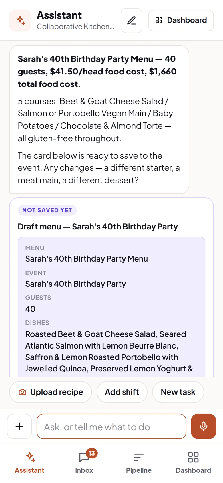 The assistant on a phone: a draft menu for a named event, five courses, $41.50 a head, marked not saved yet.